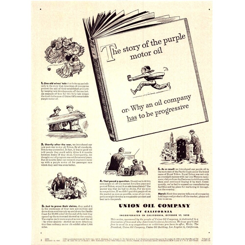 1949 Union Oil Company Vintage Print Ad Story of Purple Motor Oil 40s Wall Art